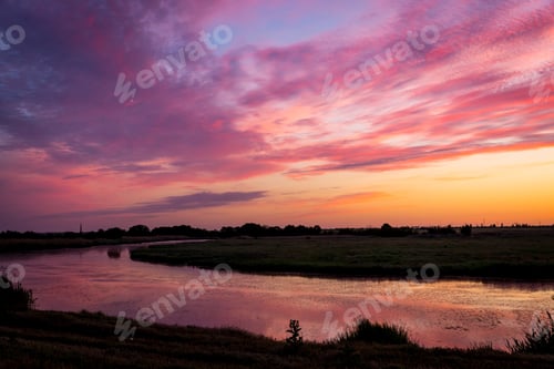 Preview: Nice Evening Red Sky After Sunset Over River