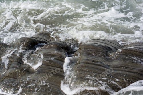 Preview: Pebble Stones On The Sea Beach, The Rolling Waves Of The Sea With Foam
