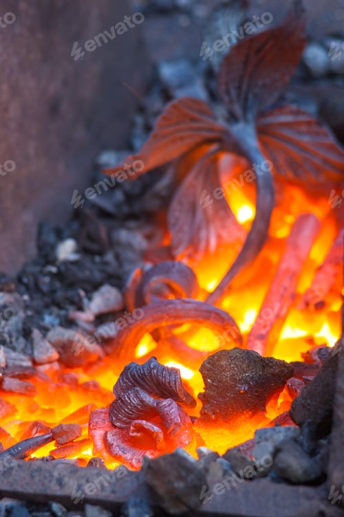 Preview: Hot Metal Handmade Unique Iron Rose In Forge Furnace, Close-Up