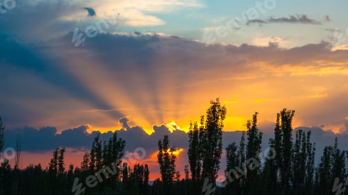 Preview: Landscape With Dramatic Light - Orange Clouds And The Outline Of Trees At Sunset