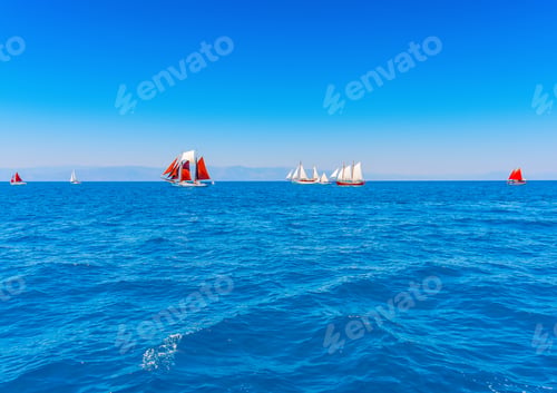 Preview: Several Old Classic Wooden Sailing Boats During A Classic Boats Regatta In Spetses Island In Greece