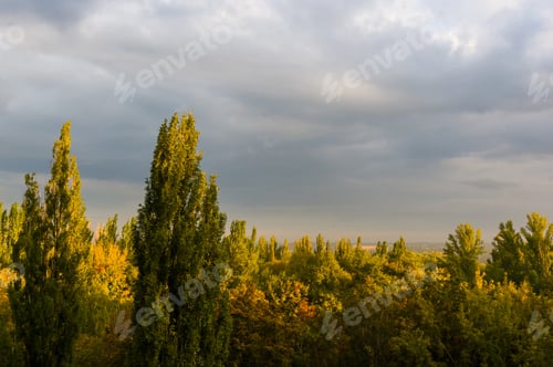 Preview: Autumn Urban Landscape On A Sunny Day - Yellow And Colorful Autumn Trees, The Sky With Clouds With