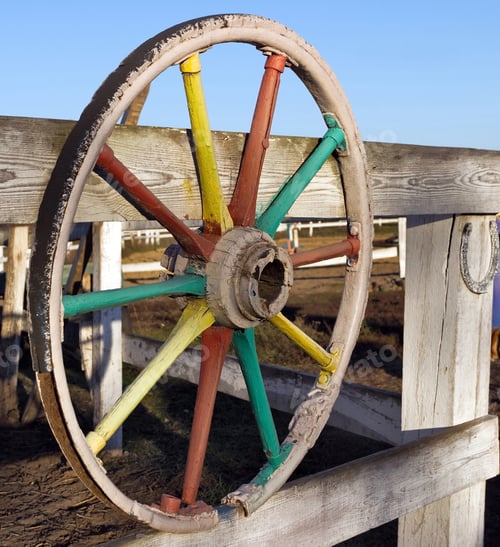 Preview: Old Wheel And Horse Shoes On Fence Horse Farm