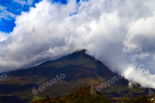 Preview: Dramatic Clouds Sky, Natural Landscape Mountain Range At Foggy Summer Morning, Green Nature