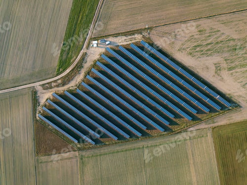 Preview: Top Down View On Solar Panels Farm On Fields. Top Down Aerial Landscape.