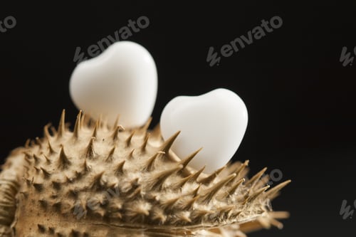 Preview: Heart Shaped White Agate On Wild Plant Dried Fruit With Black Background