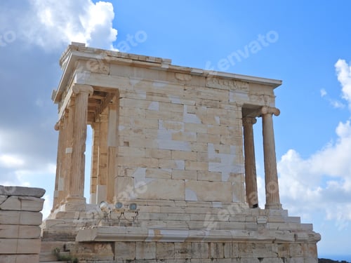 Preview: Zoom Detail Photo Of Iconic Temple Of Athena Nike In Propylaia With Beautiful Clouds And Blue Sky
