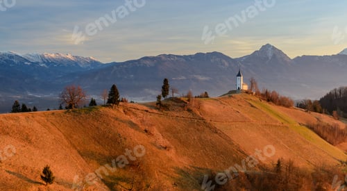 Preview: Church On The Hill In The Early Morning. Beautiful Sunrise With Orange And Red Tones.