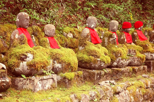 Preview: Nikko, Japan - Jizo Statues At Famous Kanmangafuchi. Cross Processed Color Style.