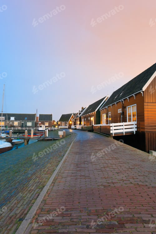 Preview: Houses In Old Dutch Village At Sunset, Marken, The Netherlands