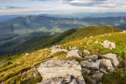 Preview: Autumn Mountain Landscape. White Sharp Stones On The Hillside