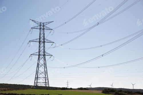 Preview: Power Line And Clear Sky In Zaragoza Province, Aragon In Spain.