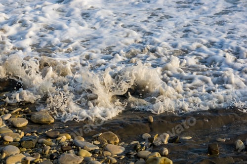 Preview: Sea Landscape Is A Pebbly Beach With Waves In White Foam