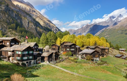 Preview: Old Wood Chalets Over Mountains In Zermatt, Switzerland.