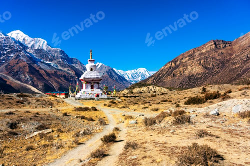 Preview: Buddhism Stupa On A Hiking Trail Around Annapurna Massif. Famous Popular Tourist Destination