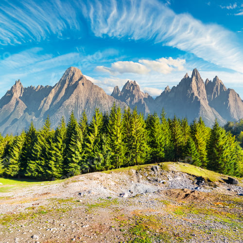 Preview: Composite Image Of High Tatra Mountains. Spruce Forest In Front And Gorgeous Blue Sky Above