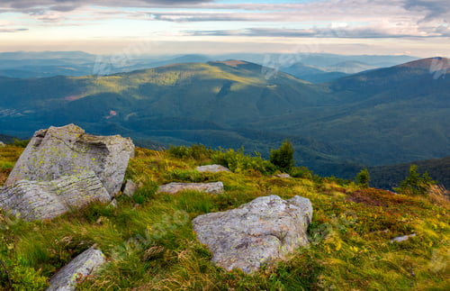Preview: Boulders On The Edge Of Hillside. Lovely View From Runa Mountain, Ukraine. Cloudy August Morning