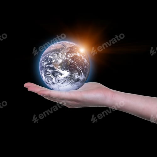 Preview: Earth In Your Hands, Saving Earth Concept, Hands Holding Earth With A Black Background. Elements Of