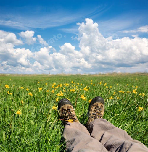 Preview: Legs Of Traveler Sitting On Green Spring Meadow