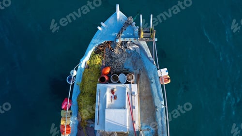 Preview: Aerial Top View Photo Of Beautiful Traditional Colourful Fishing Boat In Port Of Paros Island At