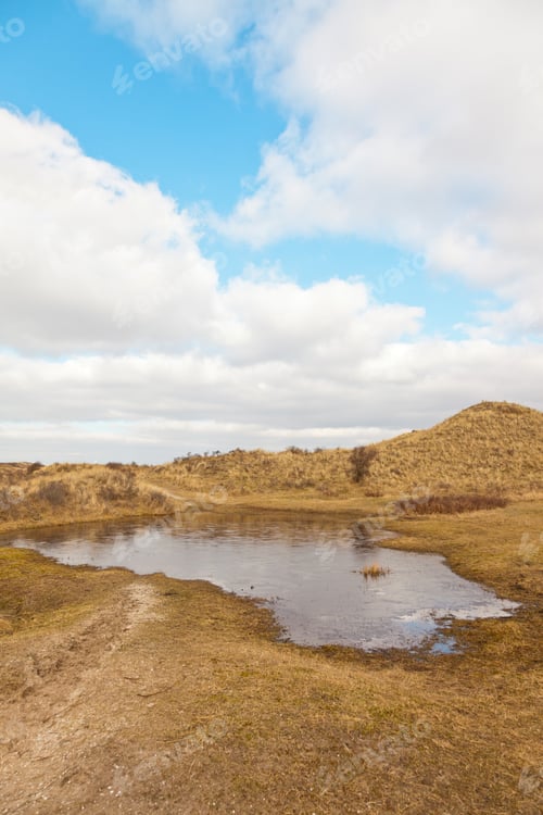 Preview: Grassy Dune Landscape With Lake And Blue Cloudy Sky.