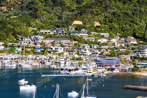 Preview: Boats Moored In Queen Charlotte Sound, Aerial View Of Picton Harbour In Cook Strait, Marlborough
