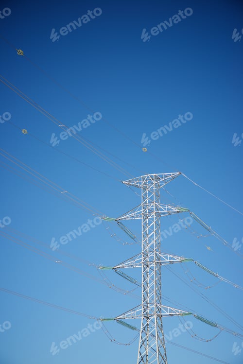 Preview: Power Line And Clear Sky In Zaragoza Province, Aragon In Spain.