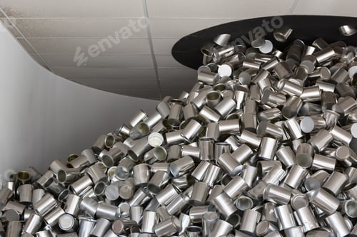 Preview: A Bunch Of Aluminum Can Coming Out From Dark Hole From Ceiling In White Room