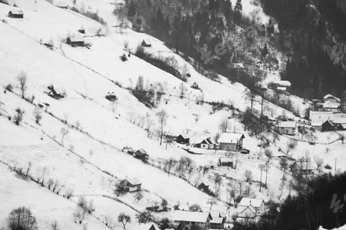 Preview: Winter Mountain Landscape With Villages. Black And White Photography