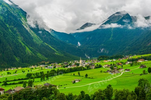 Preview: Aerial View Of Krimml Village And Krimmler Wassefalle In The Austrian Alps.Austria, Europe.