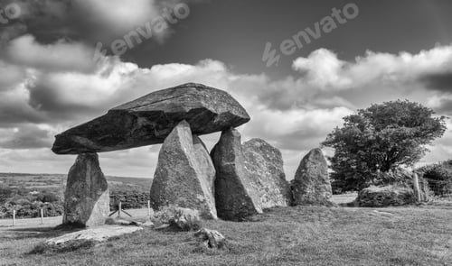 Preview: Pentre Ifan Burial Chamber In Pembrokeshire, Wales, Uk. Photographed In High Contrast Monochrome.