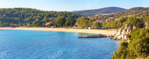 Preview: Vacation Banner Panoramic Background With Sea Water And Sandy Beach Aerial View In Sithonia, Greece