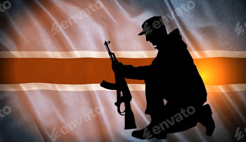 Preview: Flag With Original Proportions. Flag Of The Botswana With The Silhouette Of A Soldier With A Gun