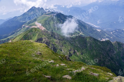 Preview: Beautiful View In The Mountains Near The Sochi, Krasnaya Polyana, Rosa Khutor, Caucasus Range, At
