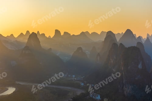 Preview: Amazing Sunset Over The Karst Landscape Of Xingping, Guilin, China