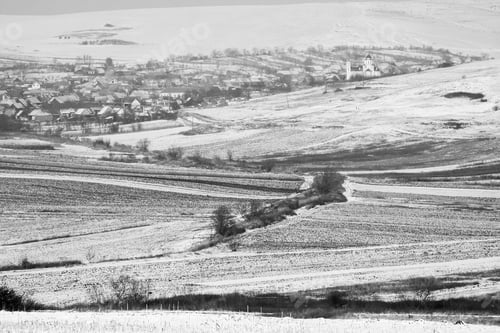 Preview: Winter Mountain Landscape With Village. Black And White Photography