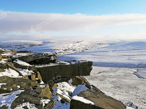 Preview: View Of The Rocks Of Buckstone Edge, On A Bright Sunny Day, Kirklees, West Yorkshire, Uk