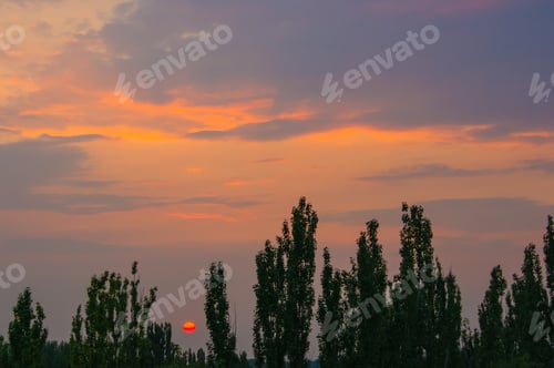 Preview: Landscape With Dramatic Light - Orange Clouds And The Outline Of Trees At Sunset