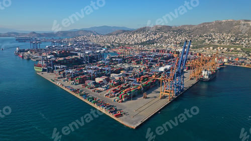 Preview: Aerial Drone Photo Of Industrial Cargo Container Terminal Near Perama And Commercial Port Of