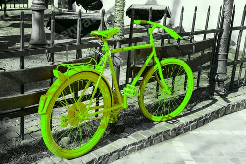 Preview: Ecology Concept. Colorful Green Color Bicycle On The Gray Monochrome Background