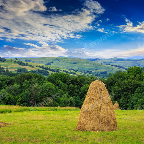 Preview: A Pair Of Haystacks And A Tree On A Green Meadow At The Foot Of The Mountain