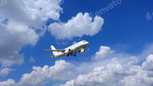 Preview: Zoom Photo Of Airbus A320 Passenger Airplane Taking Off In Deep Blue Sky And Beautiful Clouds