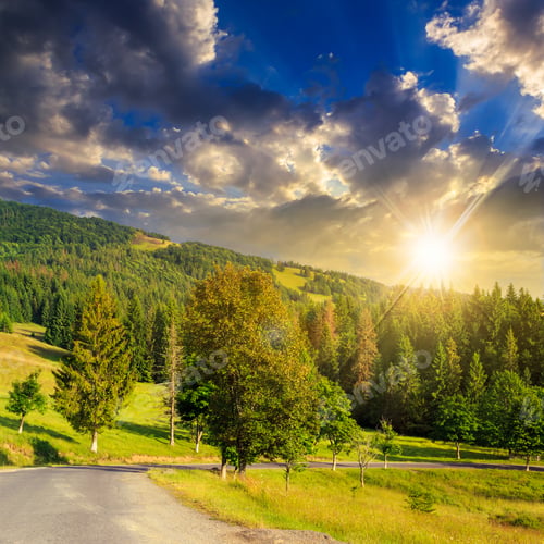 Preview: Asphalt Road Going To Mountains Through The Green Shaded Forest At Sunset