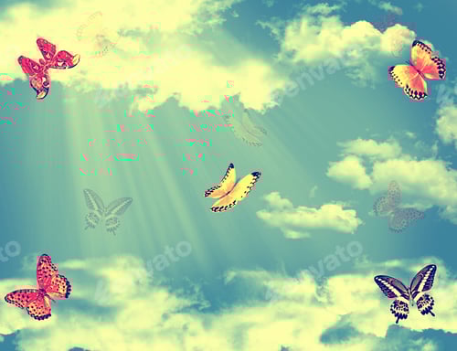 Preview: Landscape. Blue Sky With Clouds And Sun. Butterfly