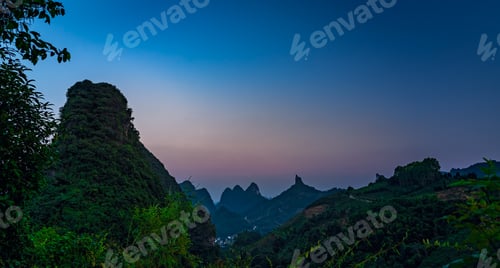 Preview: Xianggong Hill Viewpoint View Of Beautiful Green, Lush And Dense Karst Mountain Landscape At Dusk