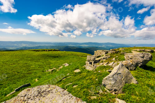 Preview: Huge Boulders On The Edge Of Hillside. Fine Weather In Summer Mountain Landscape