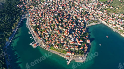 Preview: Aerial Drone Panoramic Photo Of Picturesque Marine Fishing Village Of Galaxidi With Unique