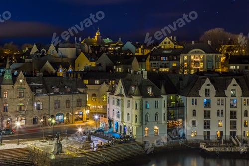 Preview: Panoramic View Of The Town Of Alesund By Night From Aksla Hill. It Is A Sea Port, And Is Noted For