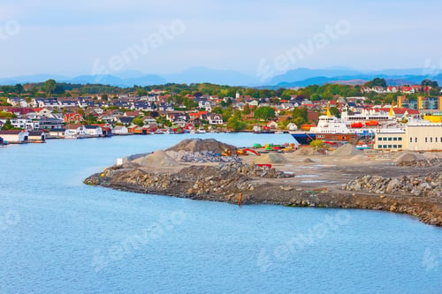 Preview: Harbor, Ship And Industrial Infrastructure Along The Coast Near Stavanger, Norway. Houses On