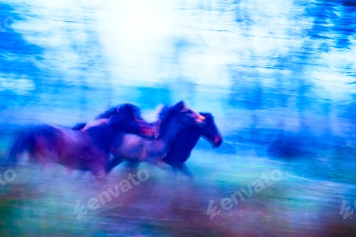 Preview: Wild horses running in colorful dreamy landscape